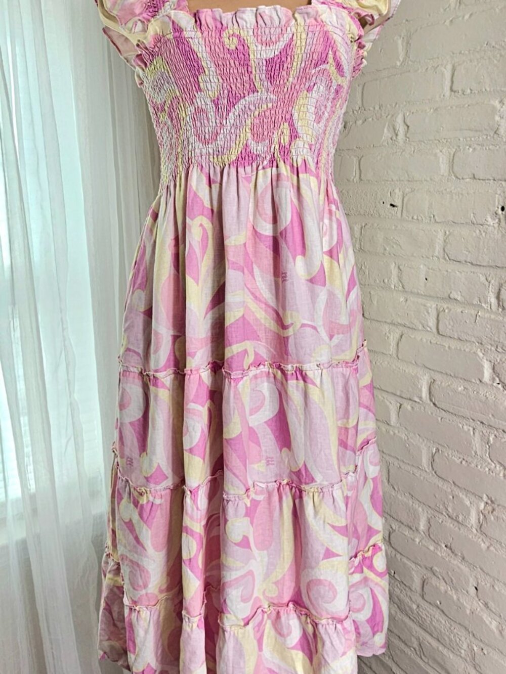 Hill House Ellie Nap Dress Pink Print Smocked Midi Dress Size M - Picture 5 of 10